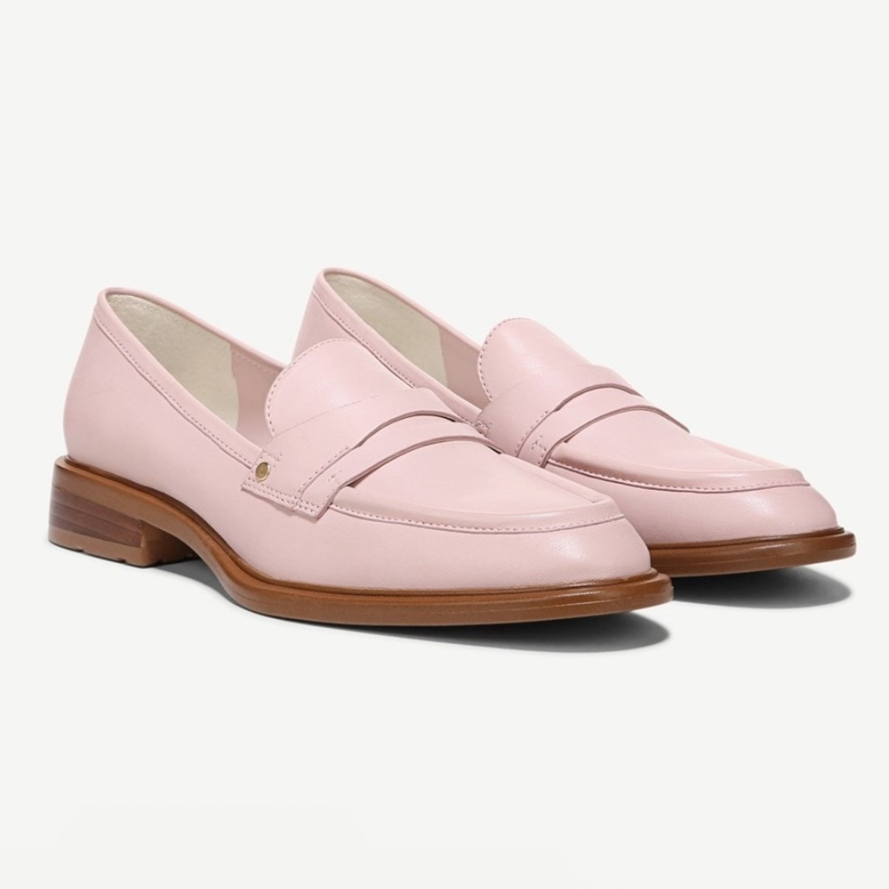 Franco Sarto Edith 2 penny loafer light pink leather wide almond toe block heel